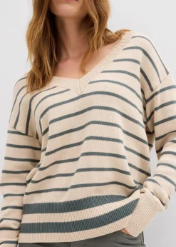 bonprix Pullover & Strickjacken|Strickmode^Pullover aus Baumwollmix eukalyptusgrün/kieselbeige gestreift