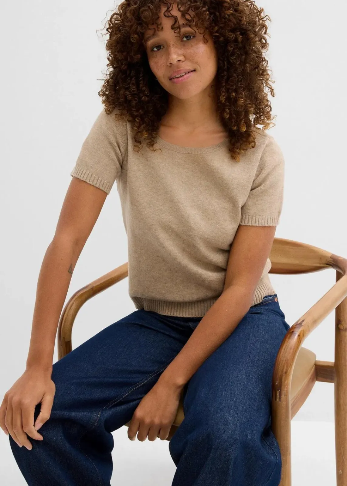 bonprix Nachhaltigere Materialien|Pullover & Strickjacken^Pullover, Kurzarm beige meliert
