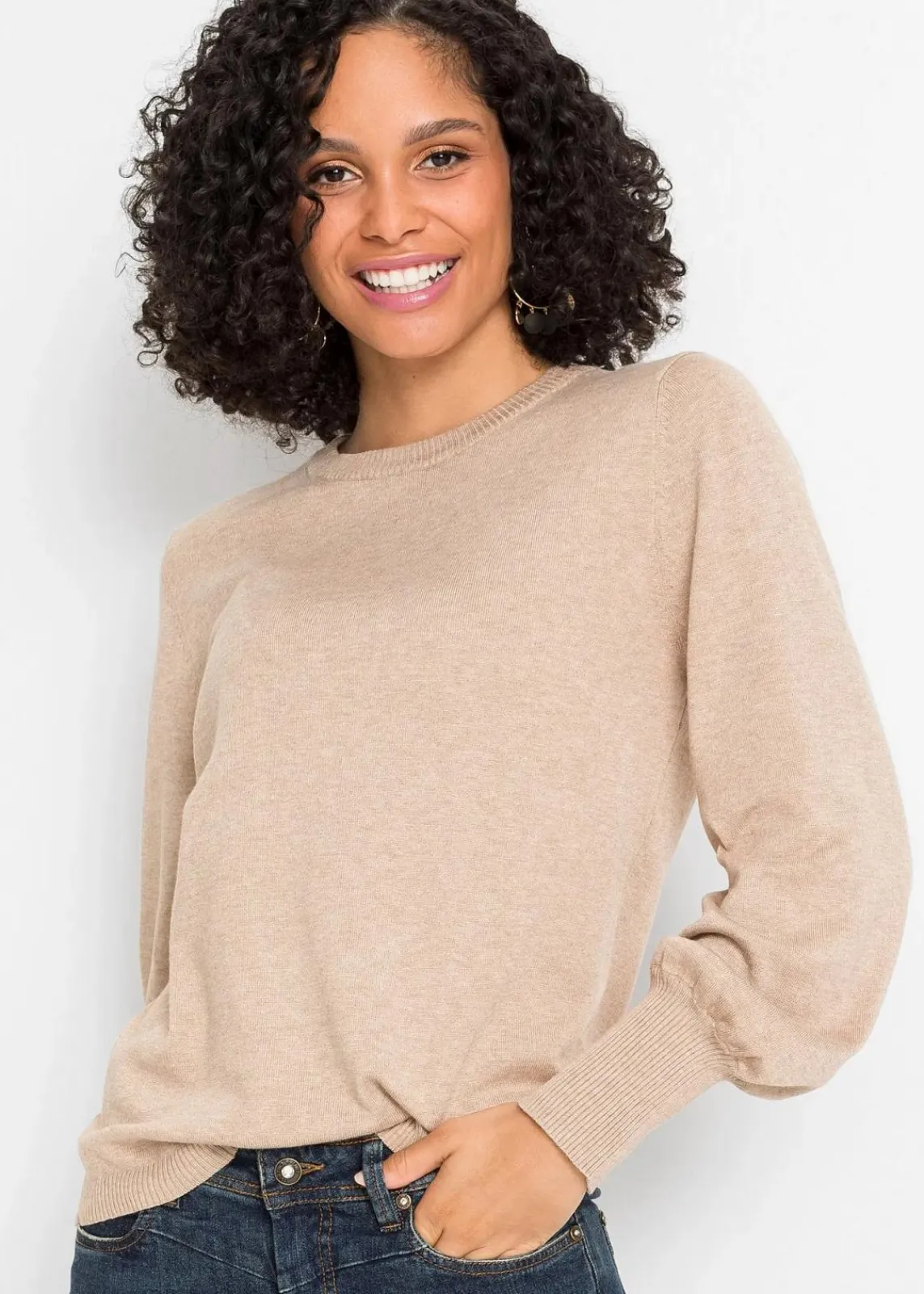 bonprix Bekleidung·Jeans|Pullover & Strickjacken^Pullover mit Ballon-Ärmel beige meliert