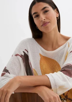 bonprix Strickmode|Pullover & Strickjacken^Pullover mit floralem Druck wollweiß/dunkelgelb floral