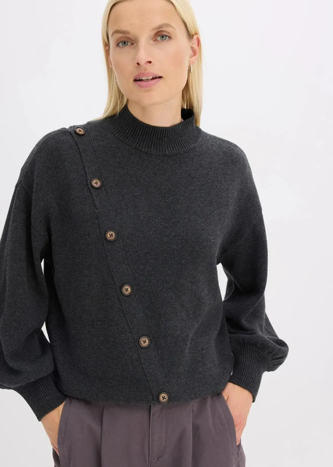 bonprix Strickmode|Pullover & Strickjacken^Pullover mit Knopfleiste anthrazitmeliert