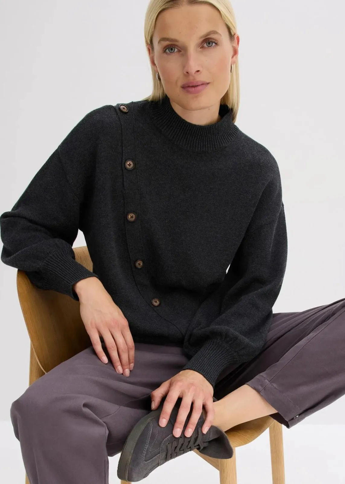 bonprix Strickmode|Pullover & Strickjacken^Pullover mit Knopfleiste anthrazitmeliert