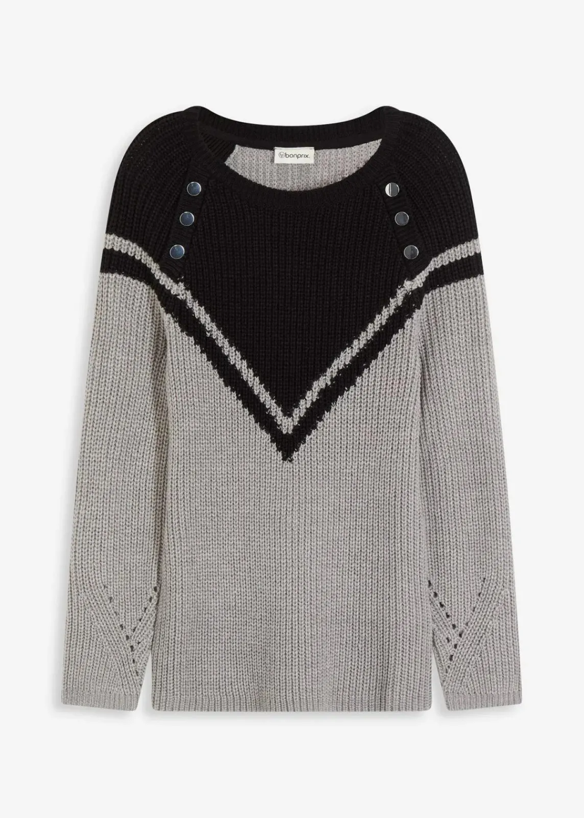 bonprix Bekleidung·Umstandsmode|Strickmode^Pullover mit Knöpfen grau meliert/schwarz