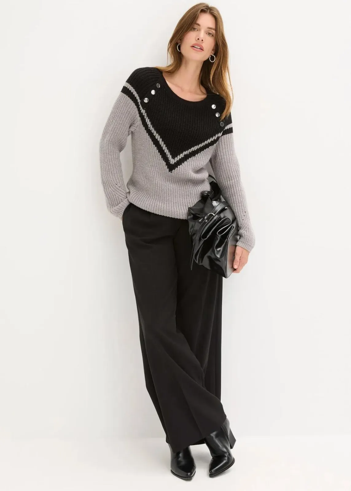 bonprix Bekleidung·Umstandsmode|Strickmode^Pullover mit Knöpfen grau meliert/schwarz