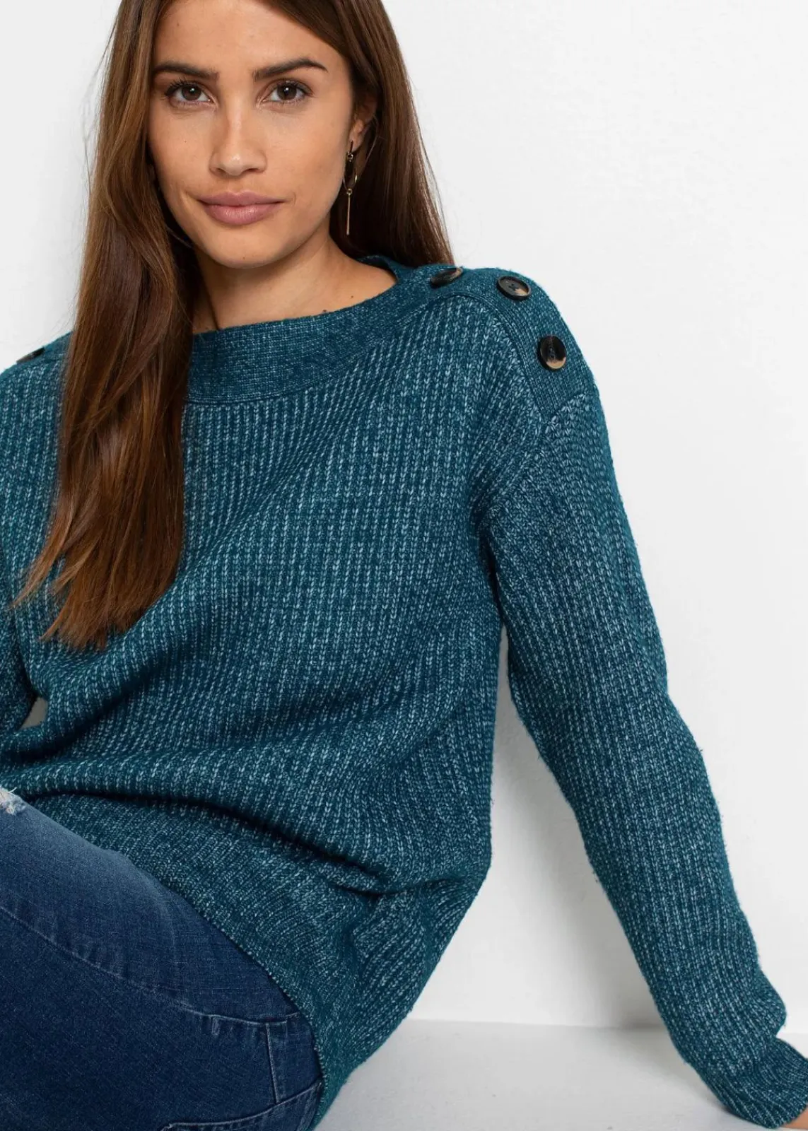 bonprix Pullover & Strickjacken|Bekleidung·Jeans^Pullover mit Knöpfen blaupetrol meliert