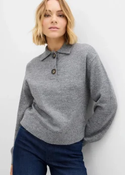 bonprix Bekleidung·Umstandsmode|Strickmode^Pullover mit Kragen grau meliert
