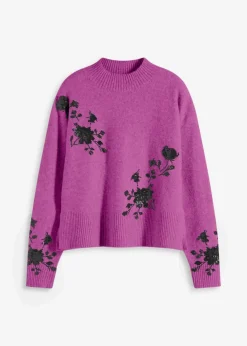 bonprix Bekleidung·Umstandsmode|Pullover & Strickjacken^Pullover mit Pailettenstickerei pfingstrose/dunkellila