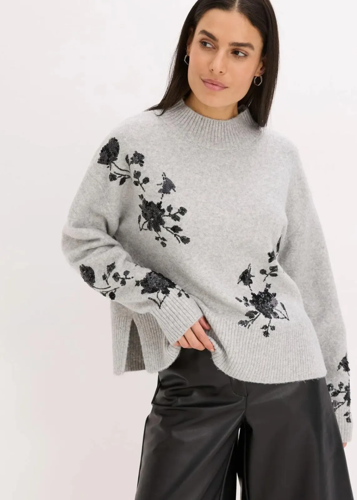bonprix Bekleidung·Umstandsmode|Pullover & Strickjacken^Pullover mit Pailettenstickerei hellgrau meliert/anthrazit