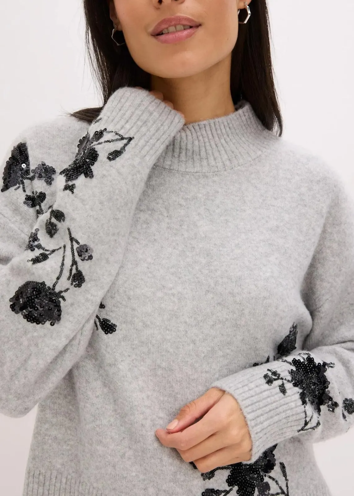 bonprix Bekleidung·Umstandsmode|Pullover & Strickjacken^Pullover mit Pailettenstickerei hellgrau meliert/anthrazit