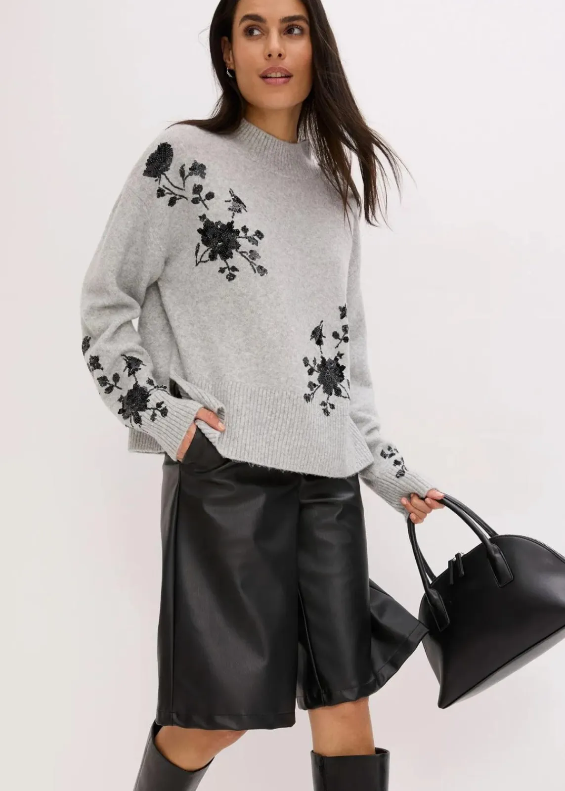 bonprix Bekleidung·Umstandsmode|Pullover & Strickjacken^Pullover mit Pailettenstickerei hellgrau meliert/anthrazit