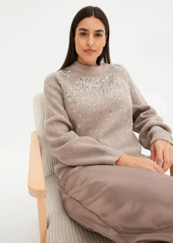 bonprix Pullover & Strickjacken|Bekleidung·Jeans^Pullover mit Pailletten naturstein/silber