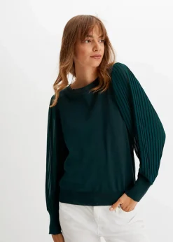 bonprix Bekleidung·Umstandsmode|Strickmode^Pullover mit plissierten Ärmeln tiefgrün