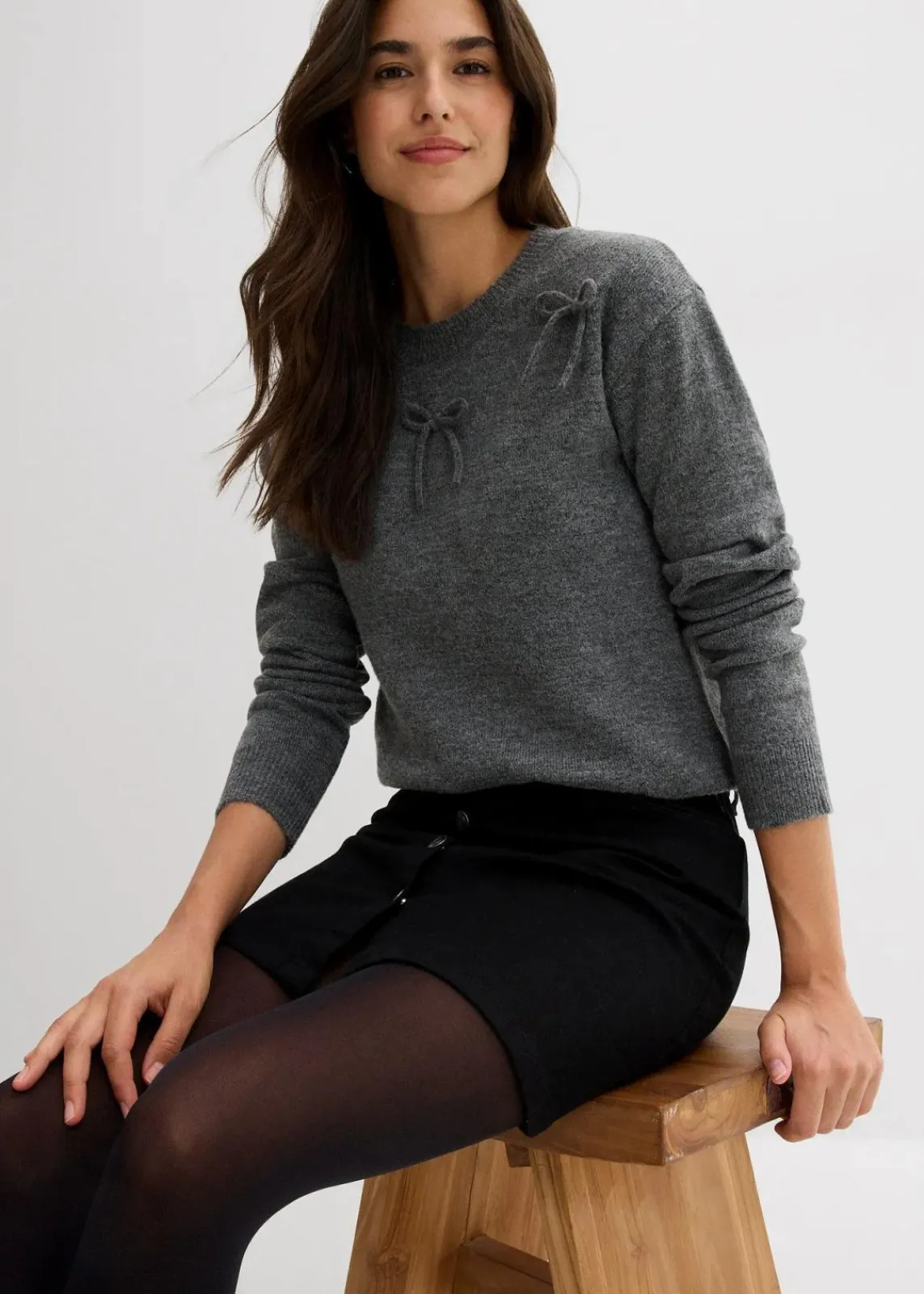 bonprix Pullover & Strickjacken|Strickmode^Pullover mit Schleifen anthrazit meliert