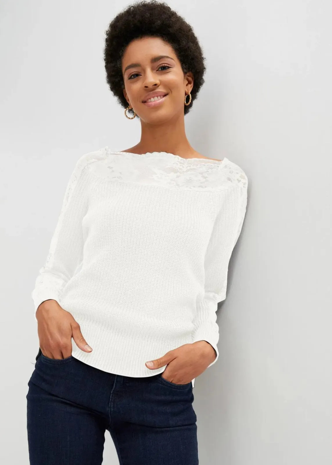 bonprix Strickmode|Pullover & Strickjacken^Pullover mit Spitze wollweiß
