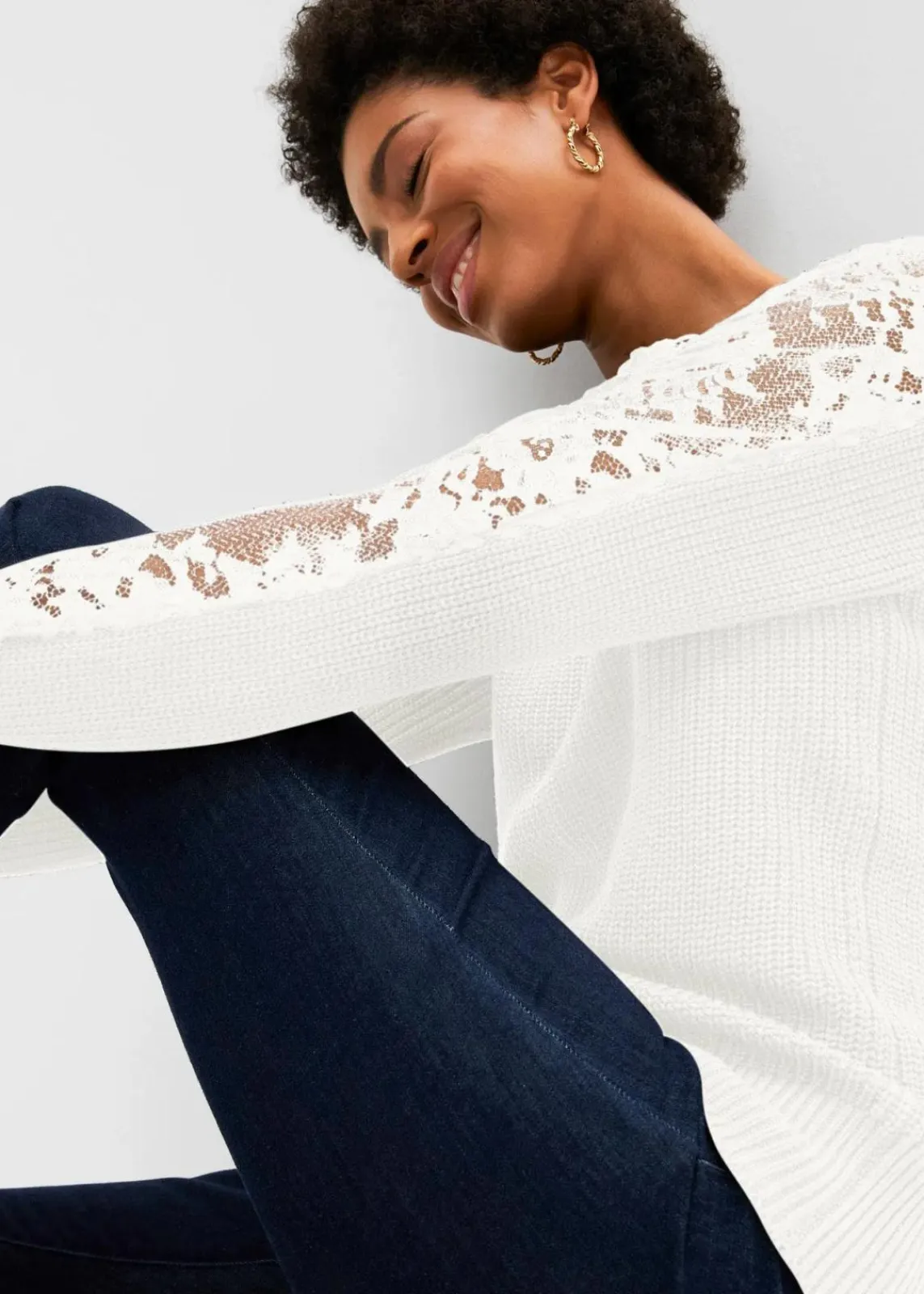 bonprix Strickmode|Pullover & Strickjacken^Pullover mit Spitze wollweiß