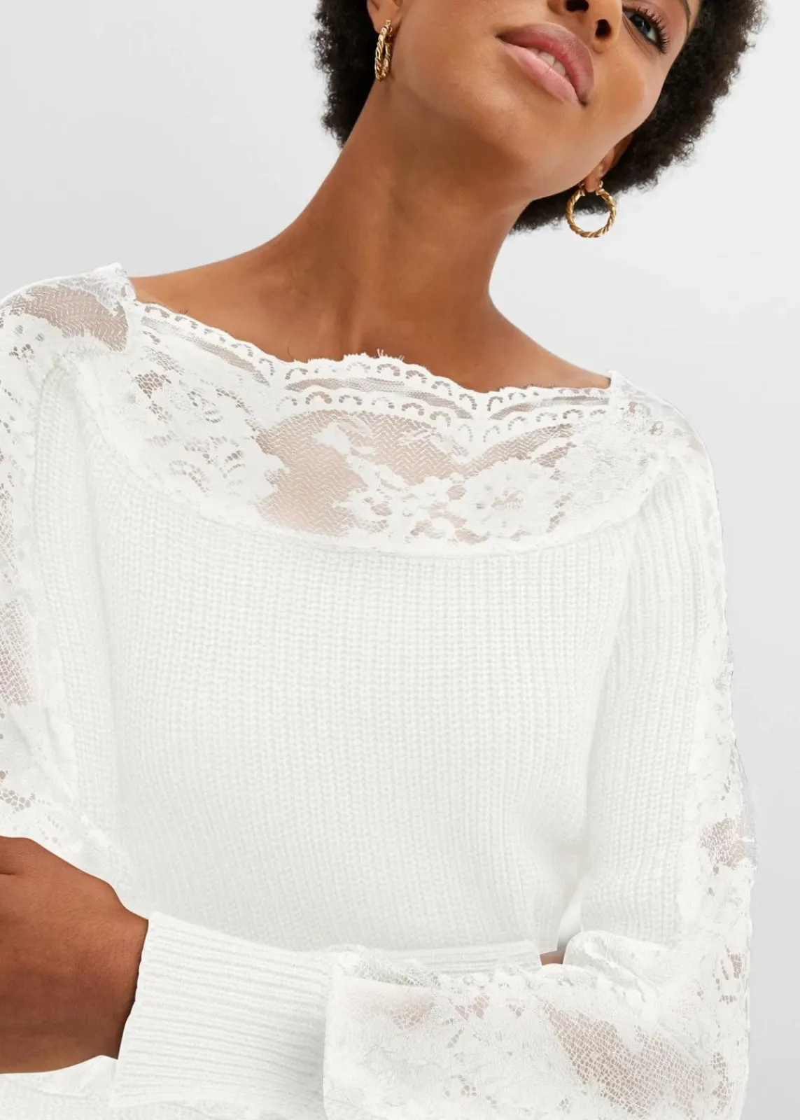 bonprix Strickmode|Pullover & Strickjacken^Pullover mit Spitze wollweiß