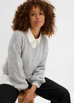 bonprix Pullover & Strickjacken|Basics^Pullover mit V-Ausschnitt hellgrau meliert meliert
