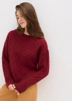bonprix Pullover & Strickjacken|Strickmode^Pullover mit Zopfmuster pflaumenrot