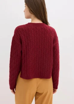 bonprix Pullover & Strickjacken|Strickmode^Pullover mit Zopfmuster pflaumenrot