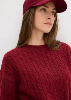 bonprix Pullover & Strickjacken|Strickmode^Pullover mit Zopfmuster pflaumenrot