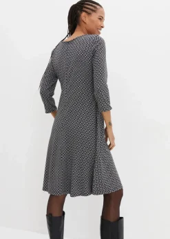 bonprix Kleider|Bekleidung·Pullover & Strickjacken^Punto di Roma-Kleid mit Jaquardmuster aus Viskose-Mix schwarz/wollweiß graphisch