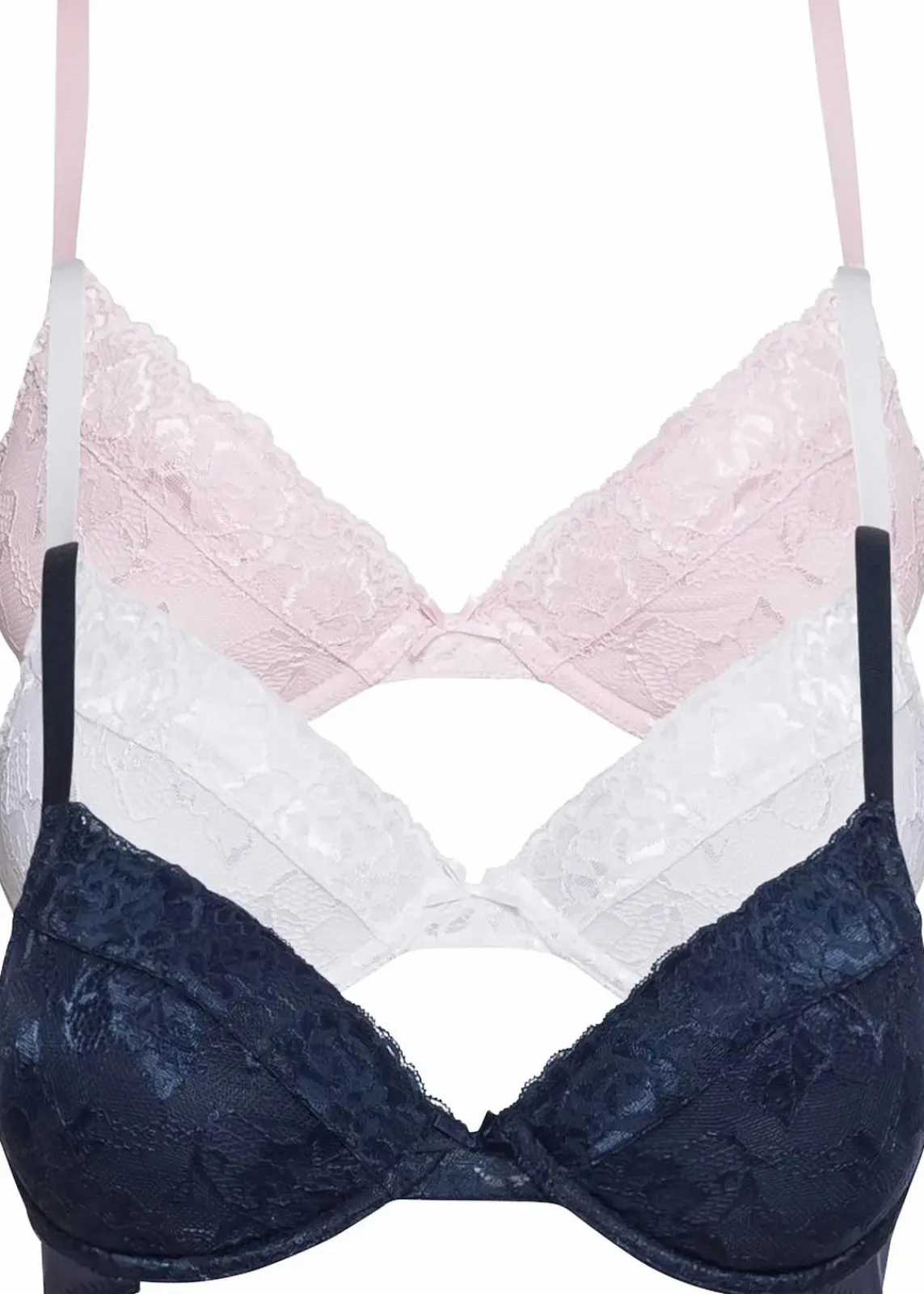 bonprix Große Cups D-H|Nachhaltigere Materialien^Push-up-BH mit feiner Spitze (3er Pack) dunkelblau + zartrosa + weiß