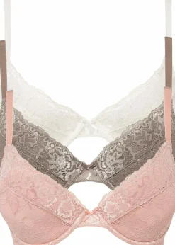 bonprix Große Cups D-H|Nachhaltigere Materialien^Push-up-BH mit feiner Spitze (3er Pack) ecru + taupe + rosé