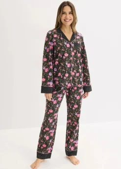 bonprix Wäsche·Nachtwäsche|Nachtwäsche^Pyjama aus reiner Baumwolle schwarz geblümt/gepunktet