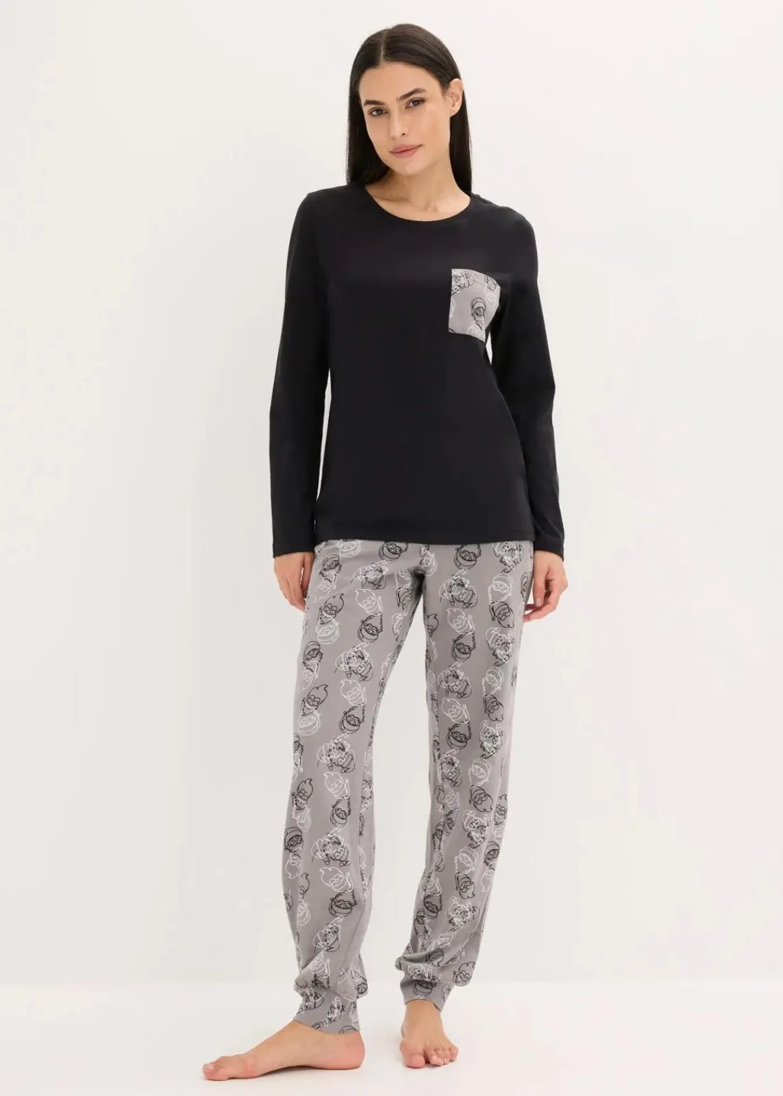 bonprix Wäsche·Nachtwäsche|Nachtwäsche^Pyjama aus reiner Baumwolle schwarz/grau bedruckt