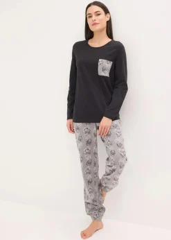 bonprix Wäsche·Nachtwäsche|Nachtwäsche^Pyjama aus reiner Baumwolle schwarz/grau bedruckt