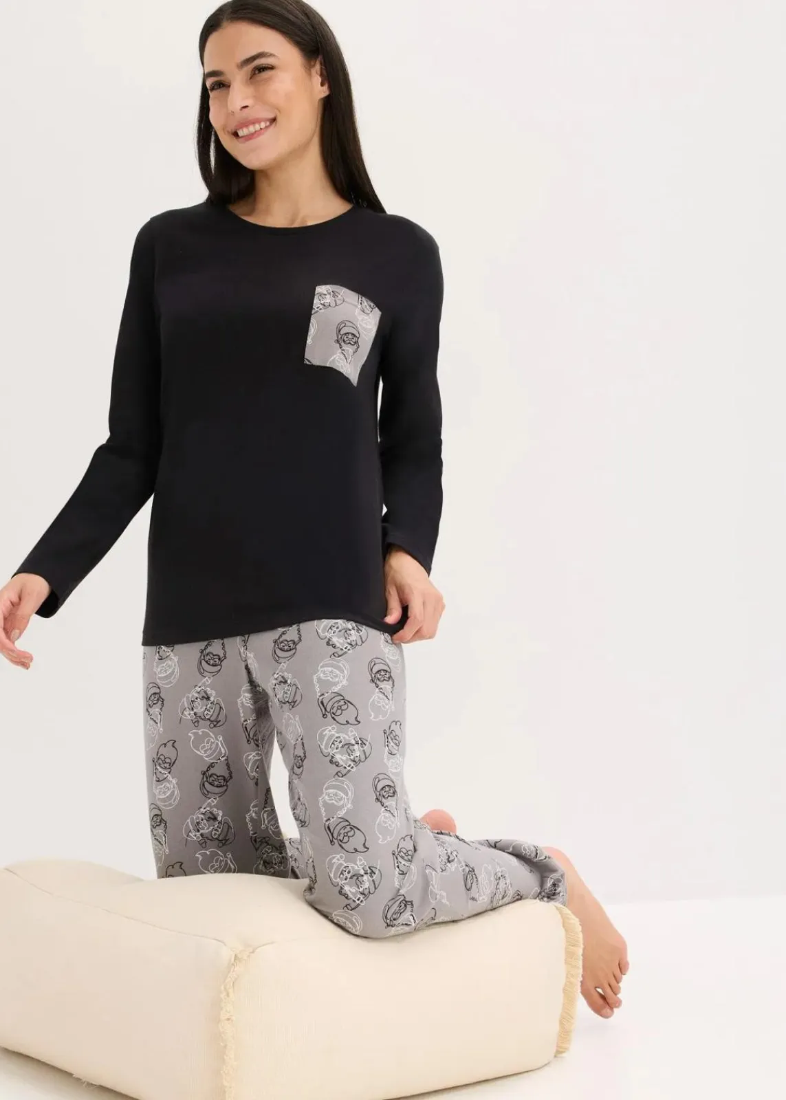 bonprix Wäsche·Nachtwäsche|Nachtwäsche^Pyjama aus reiner Baumwolle schwarz/grau bedruckt