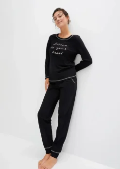 bonprix Wäsche·Nachtwäsche|Nachtwäsche^Pyjama aus reiner Baumwolle schwarz/pfirsichrosa