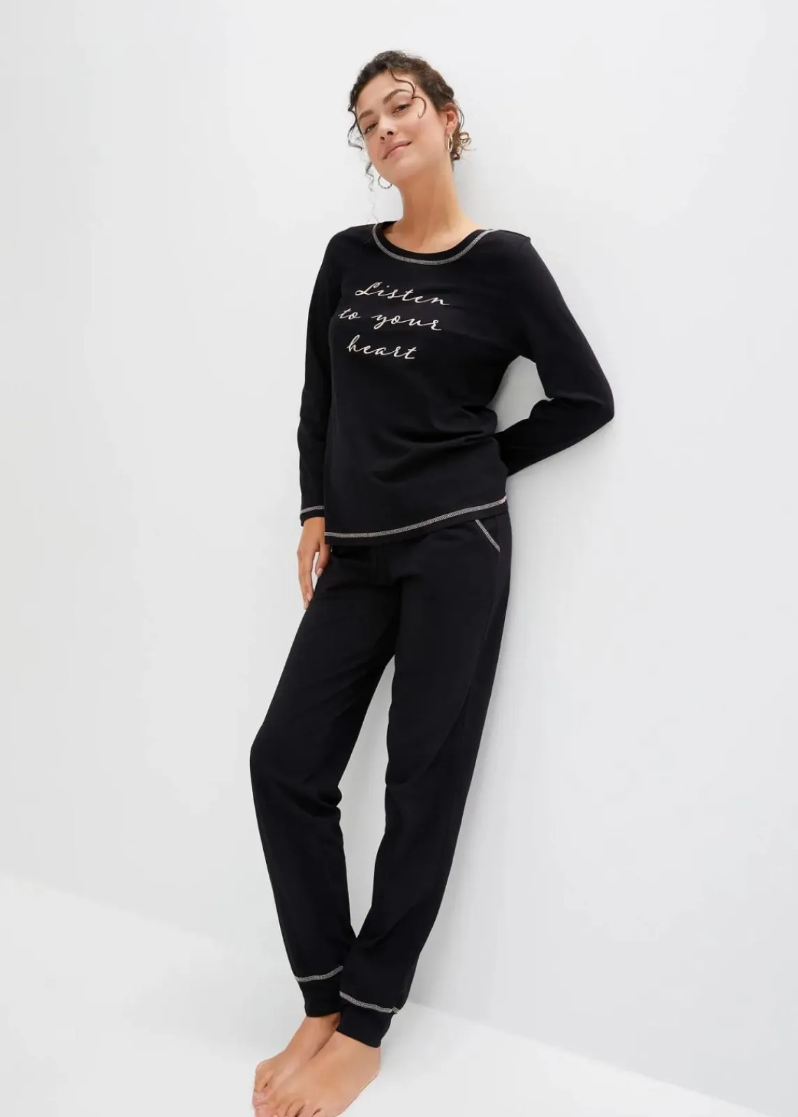 bonprix Wäsche·Nachtwäsche|Nachtwäsche^Pyjama aus reiner Baumwolle schwarz/pfirsichrosa