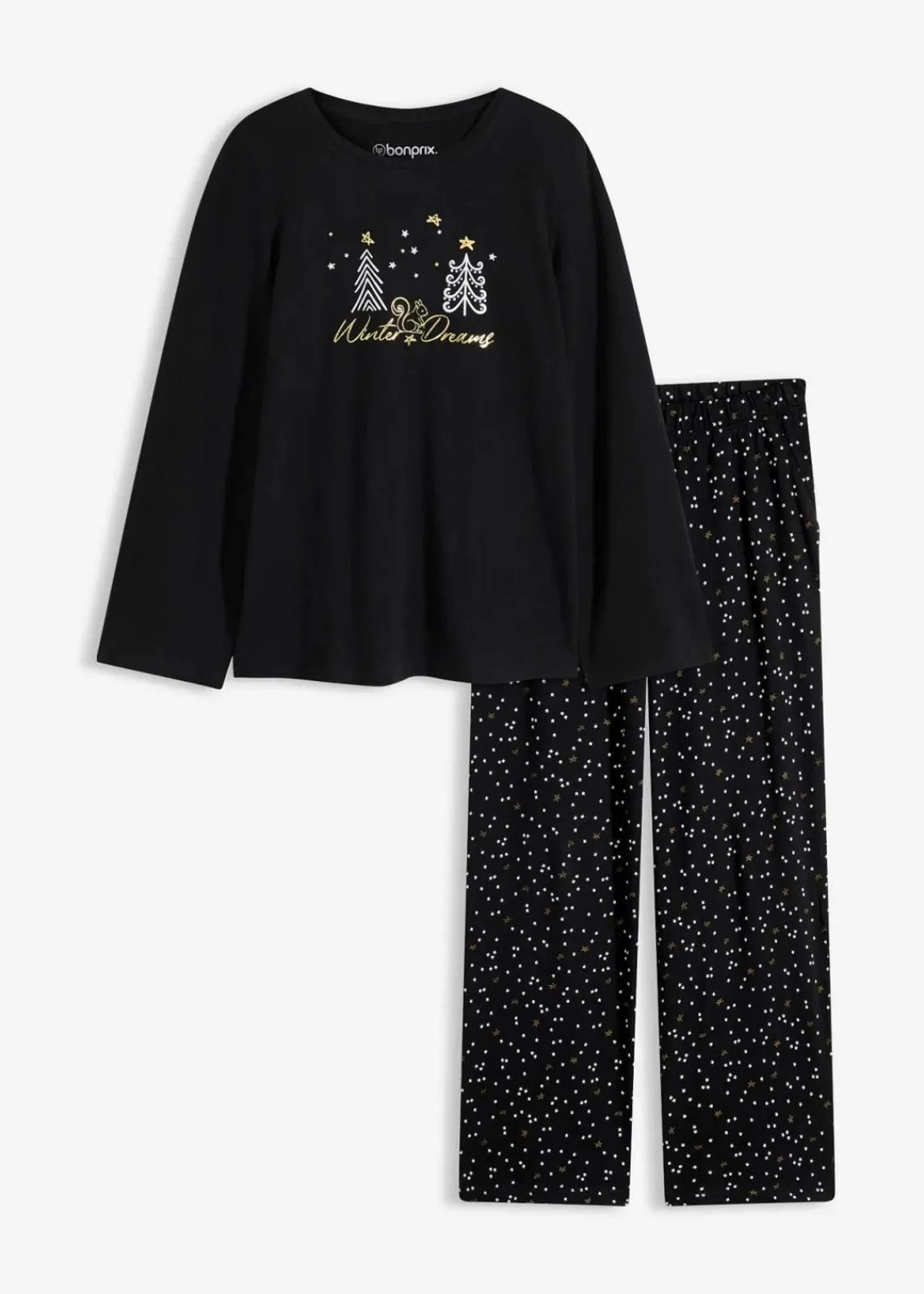bonprix Wäsche·Nachtwäsche|Nachtwäsche^Pyjama aus reiner Baumwolle mit Glitzerdruck schwarz