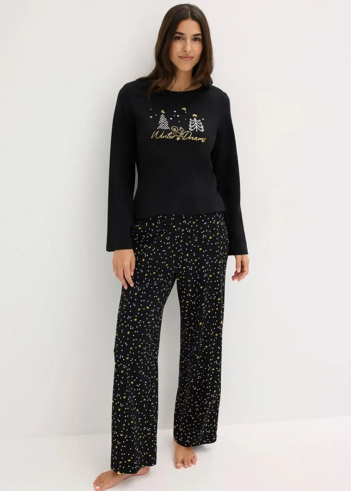bonprix Wäsche·Nachtwäsche|Nachtwäsche^Pyjama aus reiner Baumwolle mit Glitzerdruck schwarz