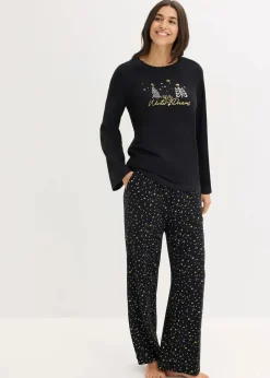 bonprix Wäsche·Nachtwäsche|Nachtwäsche^Pyjama aus reiner Baumwolle mit Glitzerdruck schwarz