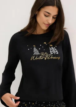 bonprix Wäsche·Nachtwäsche|Nachtwäsche^Pyjama aus reiner Baumwolle mit Glitzerdruck schwarz