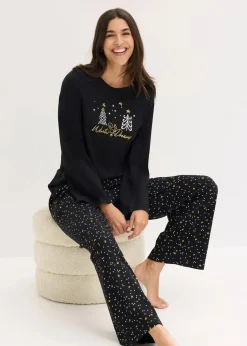 bonprix Wäsche·Nachtwäsche|Nachtwäsche^Pyjama aus reiner Baumwolle mit Glitzerdruck schwarz