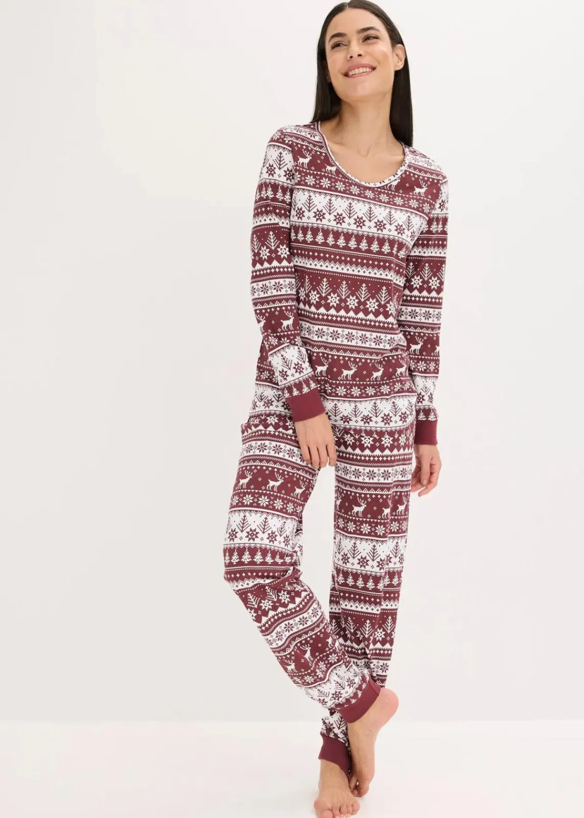 bonprix Nachhaltigere Materialien|Nachtwäsche^Pyjama aus reiner Bio-Baumwolle ahornrot/weiß