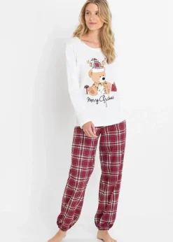 bonprix Wäsche·Nachtwäsche|Nachhaltigere Materialien^Pyjama aus reiner Bio-Baumwolle wollweiß/rot kariert