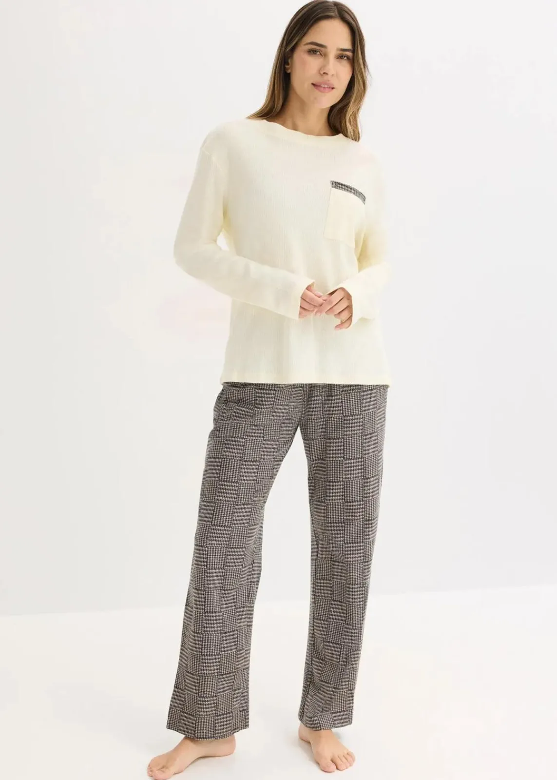 bonprix Wäsche·Nachtwäsche|Nachtwäsche^Pyjama aus weicher Baumwolle naturbeige/schwarz kariert