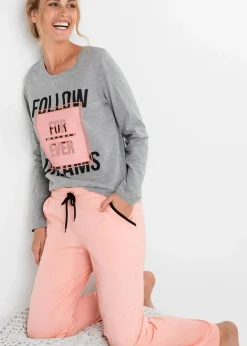 bonprix Wäsche·Nachtwäsche|Nachhaltigere Materialien^Pyjama mit Bio-Baumwolle grau meliert/hellkoralle bedruckt