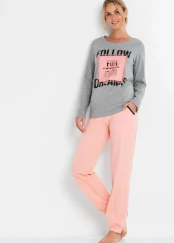 bonprix Wäsche·Nachtwäsche|Nachhaltigere Materialien^Pyjama mit Bio-Baumwolle grau meliert/hellkoralle bedruckt
