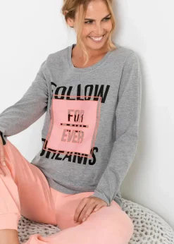 bonprix Wäsche·Nachtwäsche|Nachhaltigere Materialien^Pyjama mit Bio-Baumwolle grau meliert/hellkoralle bedruckt