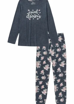 bonprix Wäsche·Nachtwäsche|Nachhaltigere Materialien^Pyjama mit Bio-Baumwolle blau meliert geblümt