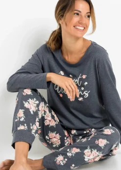 bonprix Wäsche·Nachtwäsche|Nachhaltigere Materialien^Pyjama mit Bio-Baumwolle blau meliert geblümt