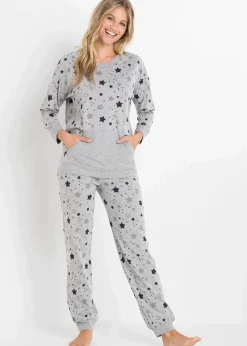 bonprix Wäsche·Nachtwäsche|Nachhaltigere Materialien^Pyjama mit Bio-Baumwolle hellgrau meliert bedruckt