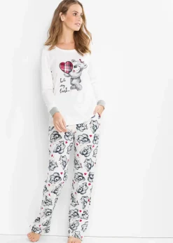 bonprix Wäsche·Nachtwäsche|Nachhaltigere Materialien^Pyjama mit Flanellapplikation wollweiß/ dunkelblau bedruckt