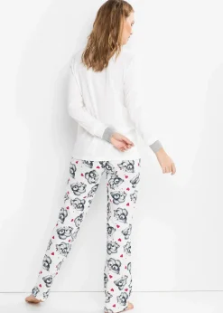 bonprix Wäsche·Nachtwäsche|Nachhaltigere Materialien^Pyjama mit Flanellapplikation wollweiß/ dunkelblau bedruckt