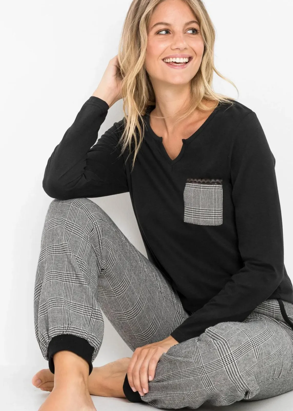 bonprix Wäsche·Nachtwäsche|Nachtwäsche^Pyjama mit Flanellhose schwarz kariert